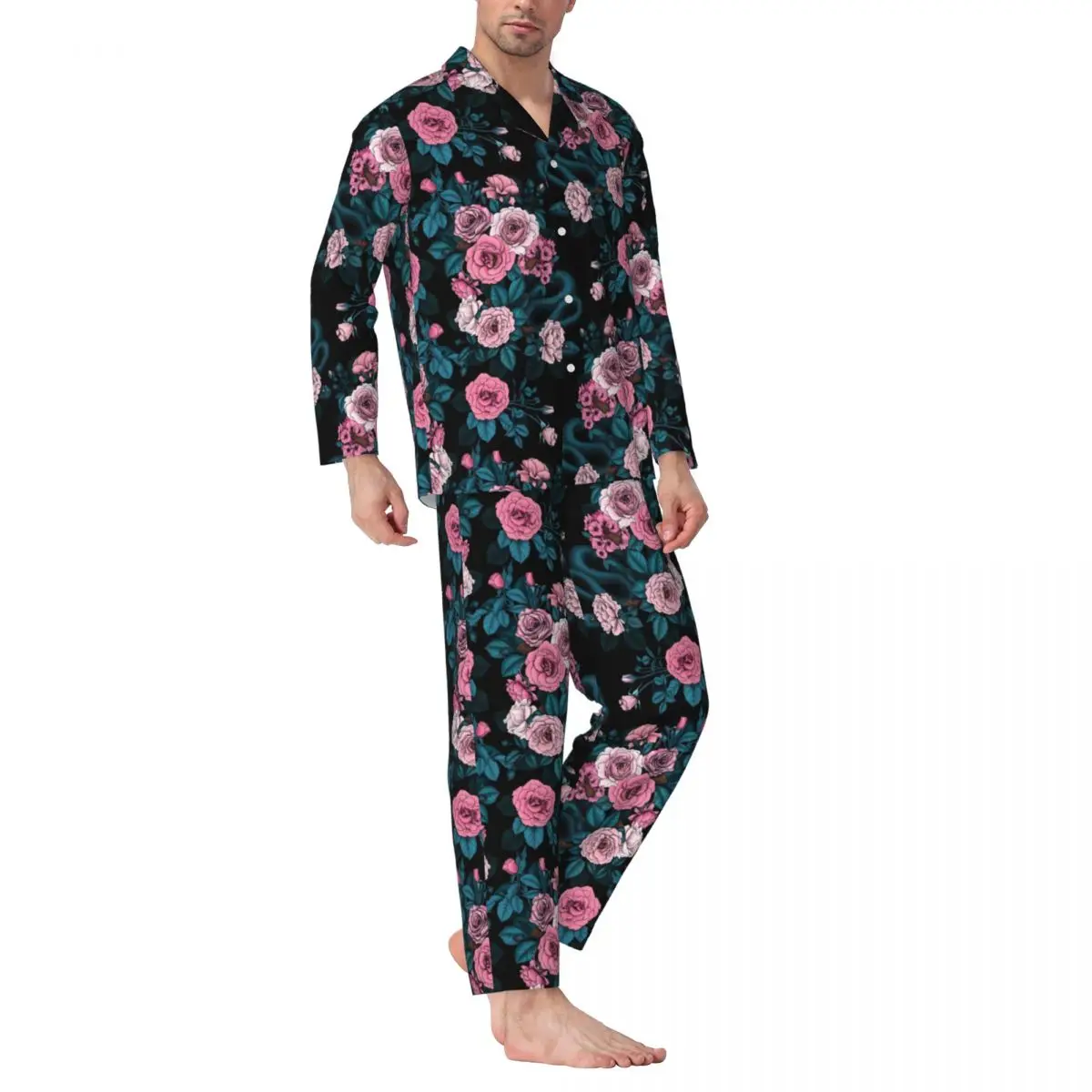 

Rose Floral Print Pajama Sets Pink Flowers Comfortable Sleepwear Long Sleeve Casual Loose Daily Two Piece Nightwear Plus Size