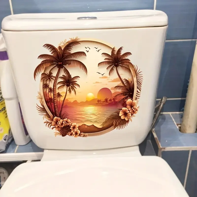 Tropical Sunset Beach Scene PVC Toilet Lid Decal-Self-Adhesive Waterproof Bathroom Decoration Sticker
