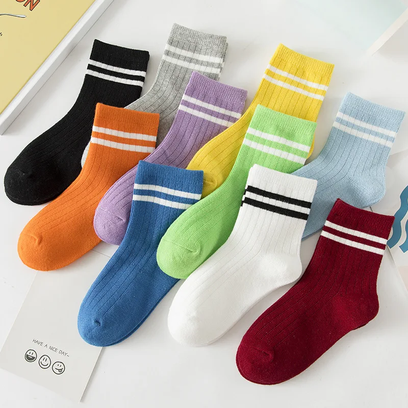 1 Pair Cotton Children Socks for Boys Girls Black White Stripes Candy Colors School Tube Socks Spring Autumn Kids Sports Socks 1 pair butterfly black white socks for women girls harajuku spring autumn sock cotton breathable fashion short socks calcetines