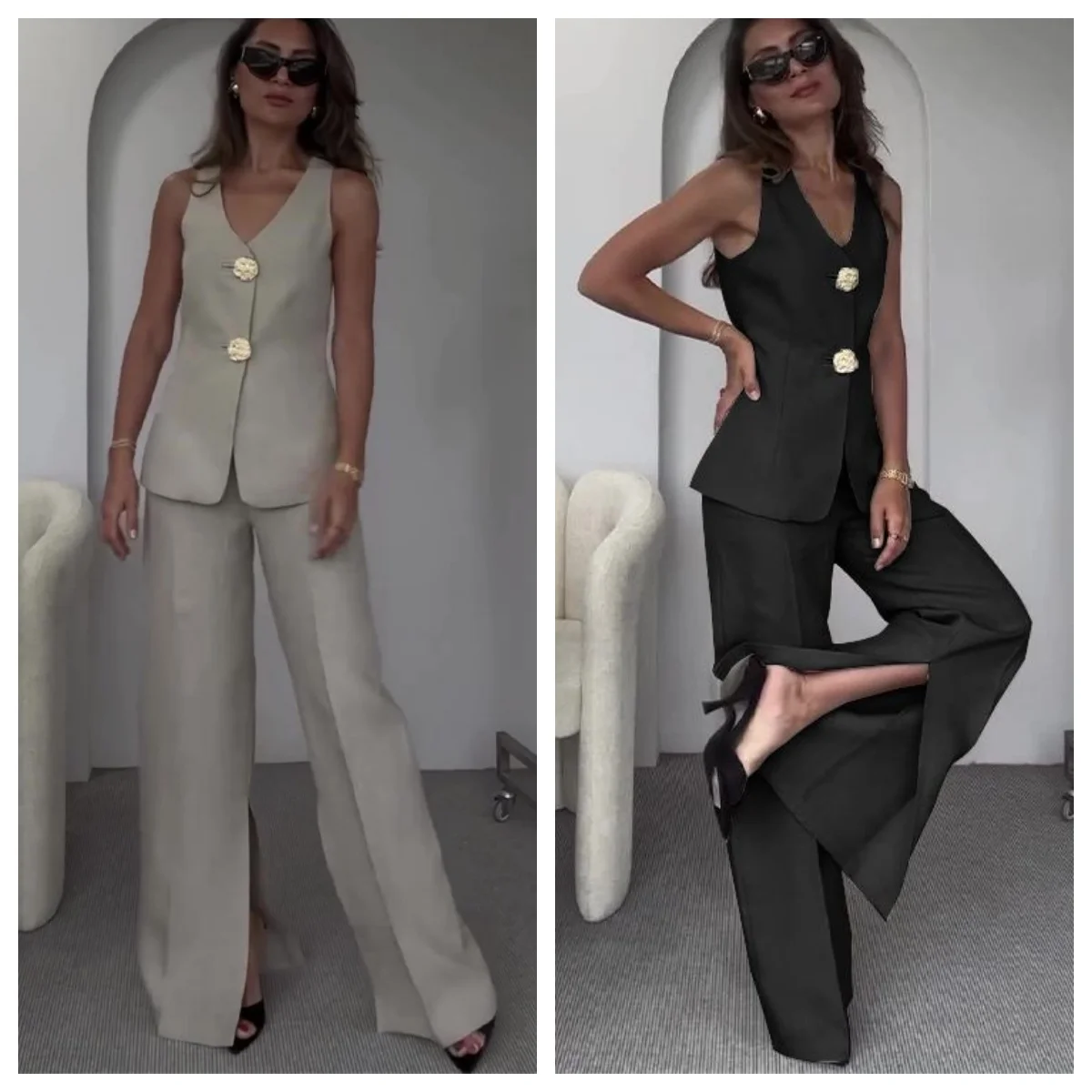 Two-Piece Set with Sleeveless Button-Up Vest and Wide-Leg Trousers - Khaki