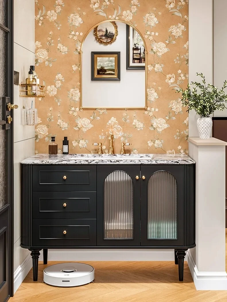 Natural Luxury Stone Ceramic Drop-in Sink French Rubber Wood Bathroom Cabinet Combination Bathroom Table Washbasin