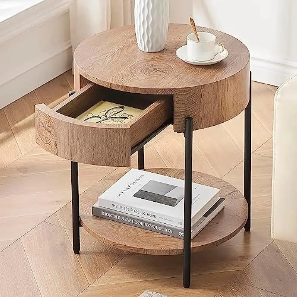 

Round End Table Wood Side Table with Drawer Farmhouse Circle End Tables Frame Small Nightstand for Living Room