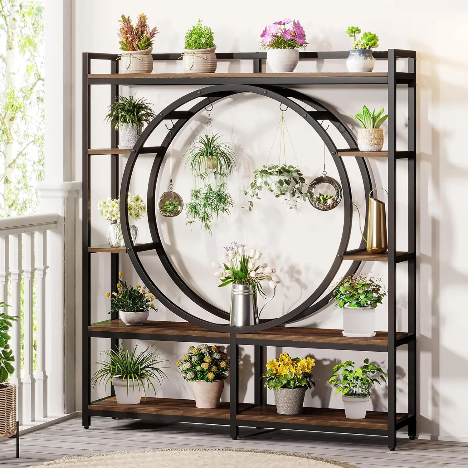 5-Tier Tall Plant Stand Indoor, 59 Wide Large Metal Plant Stand w/ 4 Hanging Hooks, Multi-Tiered Shelf Flower Pots Display Rack