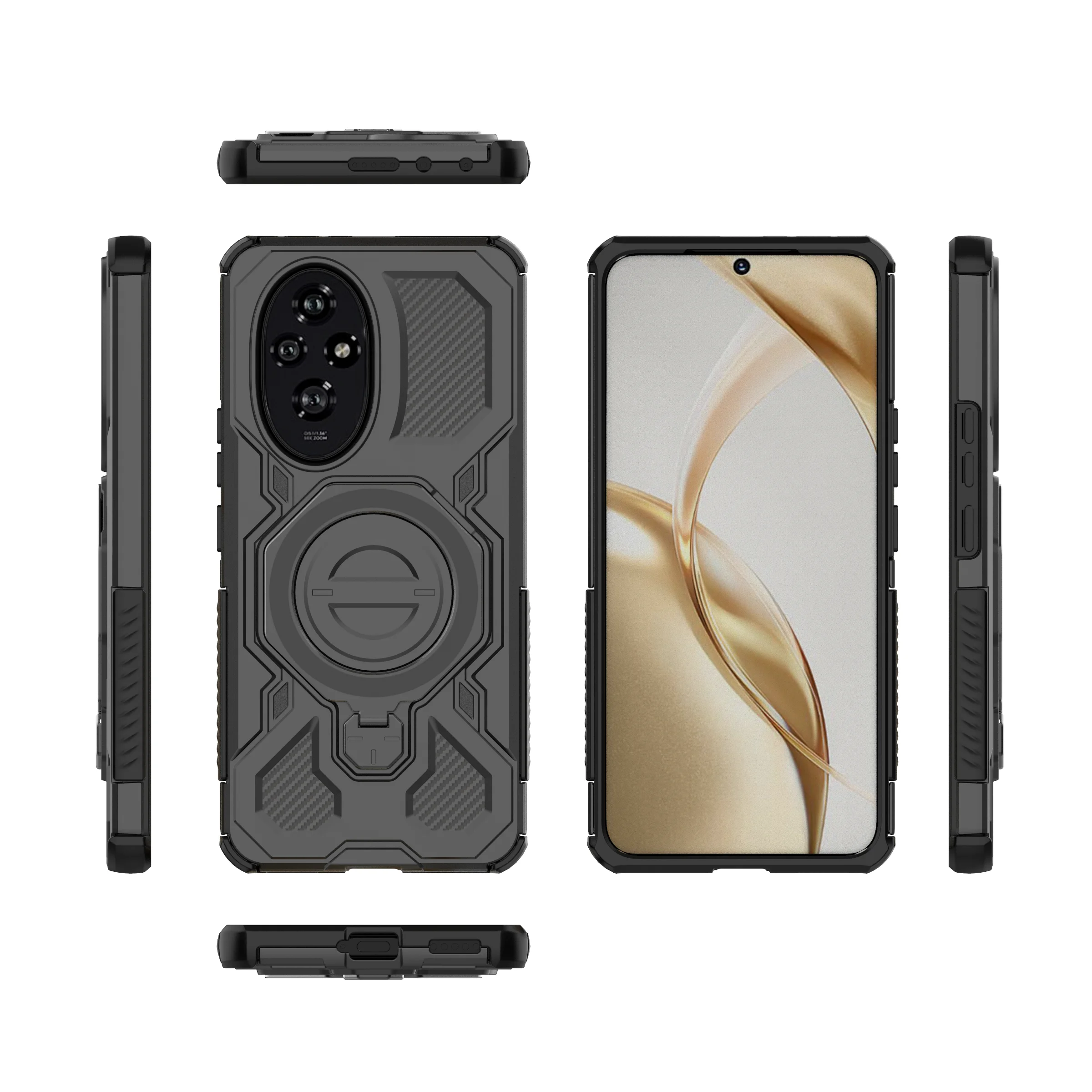 Magnetic Wireless Charging Phone Case with Ring Holder Kickstand - Carbon Fiber Soft Cover