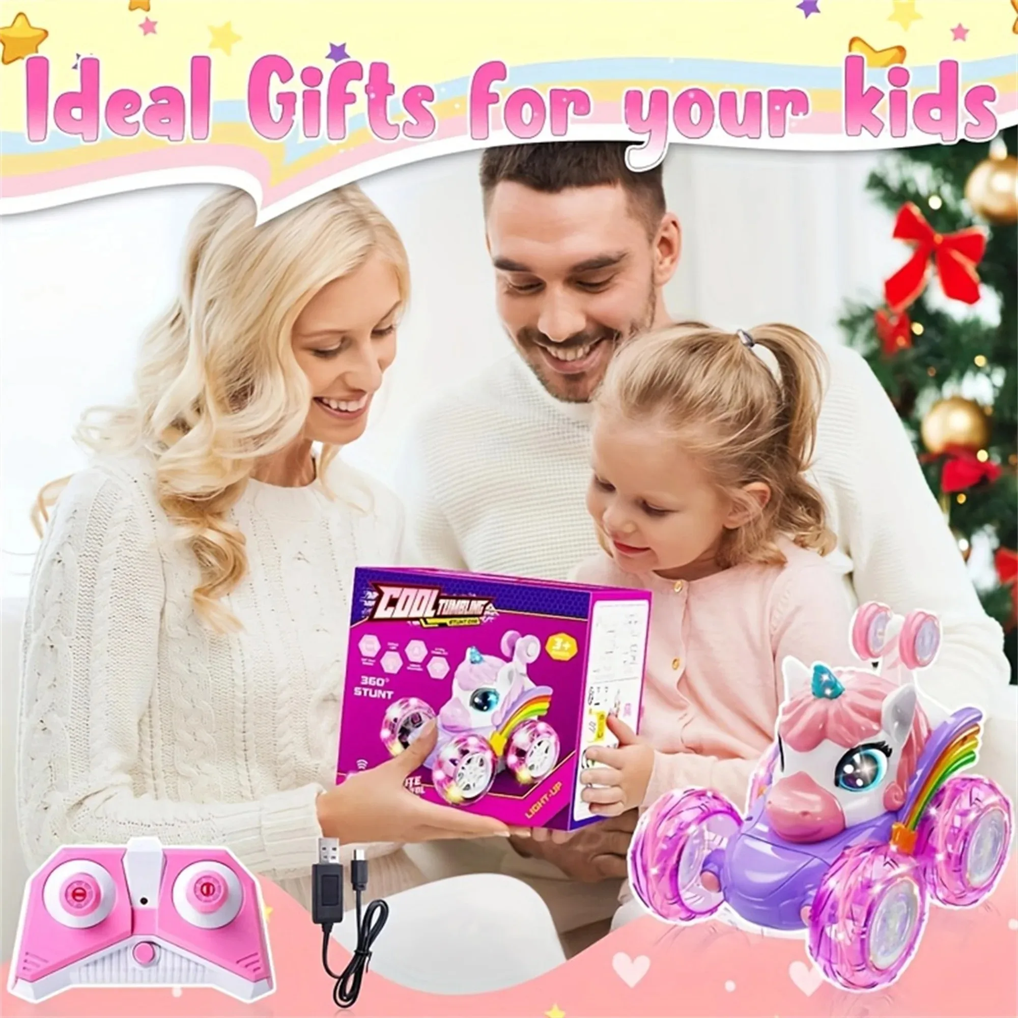 Einhorn-Ferngesteuertes Auto für Mädchen, 360° drehbares 4WD-Stunt-RC-Auto mit niedlichen Lichtern, wiederaufladbares Spielzeug – ideales Geburtstagsgeschenk für Kinder_voghion.com