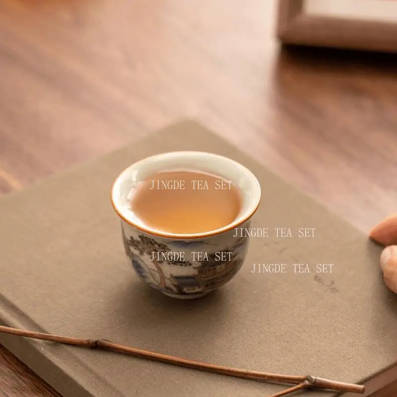 Ceramic Teacup Ru Kiln Embroidered River and Mountain Tea Cup Chinese Household High-end Master Cup Tea Set Drinking Utensils