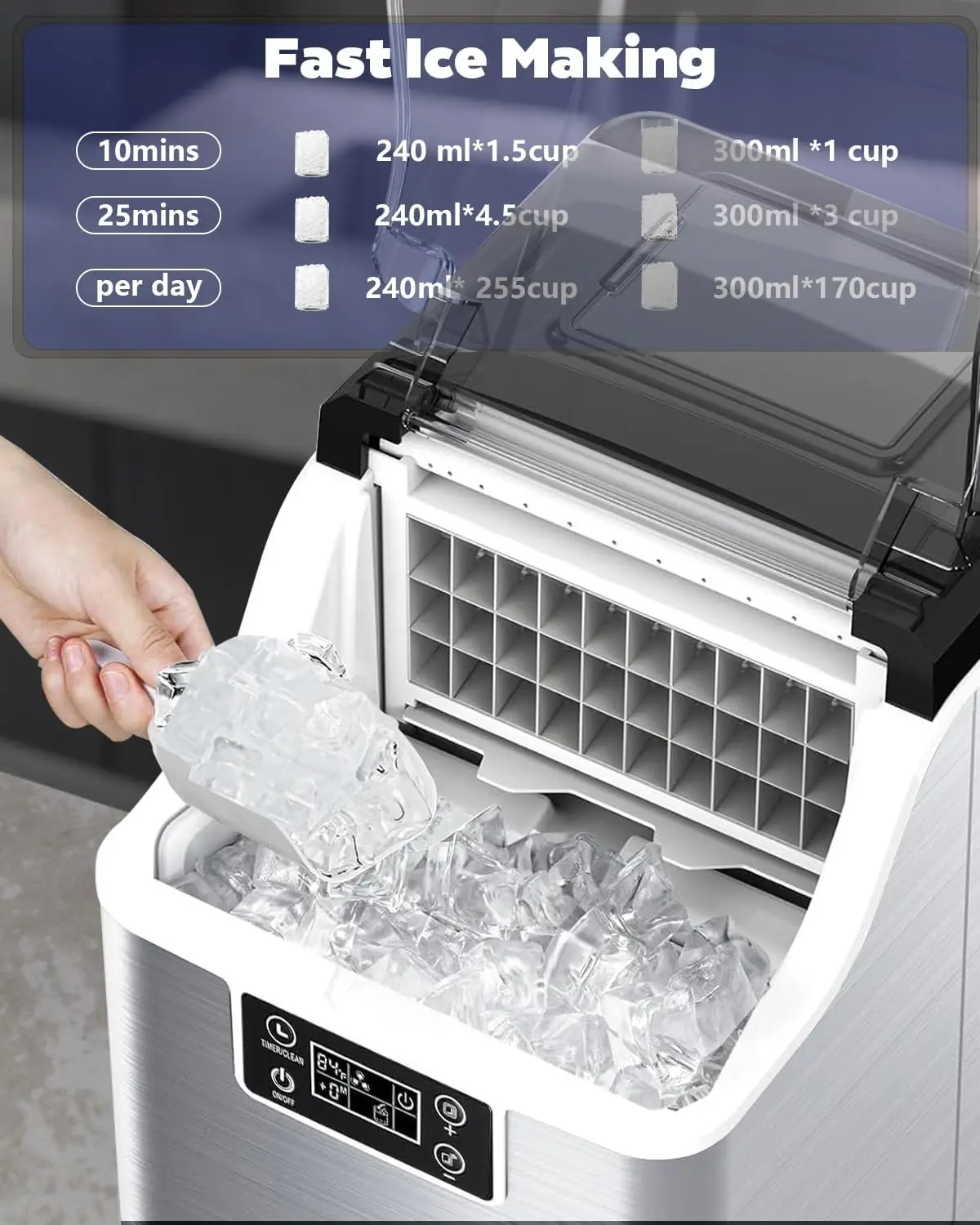 Ice Makers Countertop, 45Lbs/Day, 2 Ways to Add Water, Countertop Ice Maker, 24 Pcs Ready in 13 Mins, Self Cleaning Maker