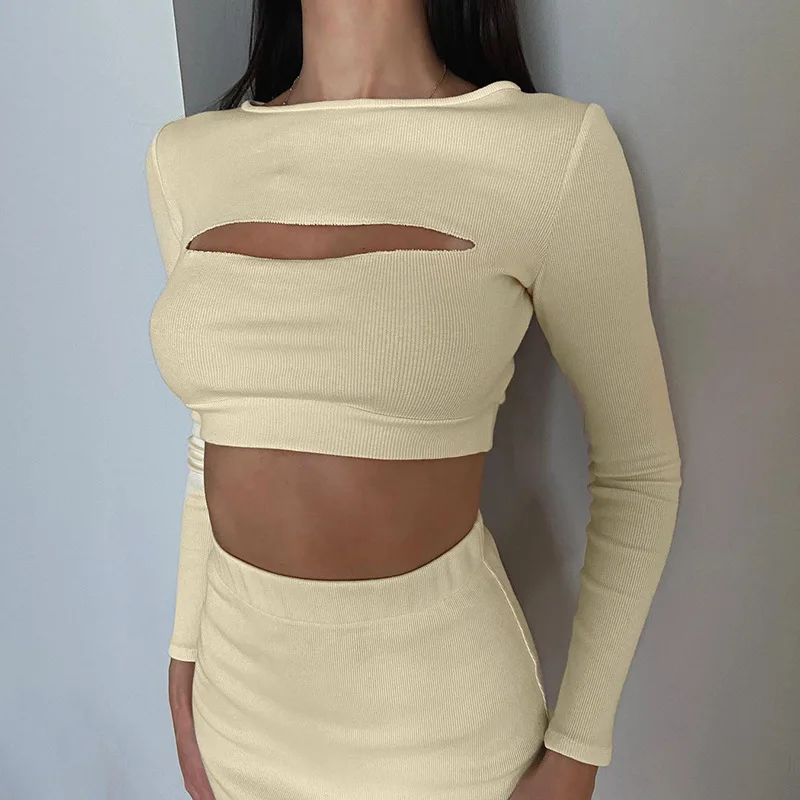 Women's Suit 2023 Spring and Summer Fashion New Sexy Solid Color Hollow Out Umbilical Top Open Short Skirt Suit Female boozrey summer solid bodycon short sleeved umbilical side slit robe skirt set women elegant streetwear causal maxi dress suit