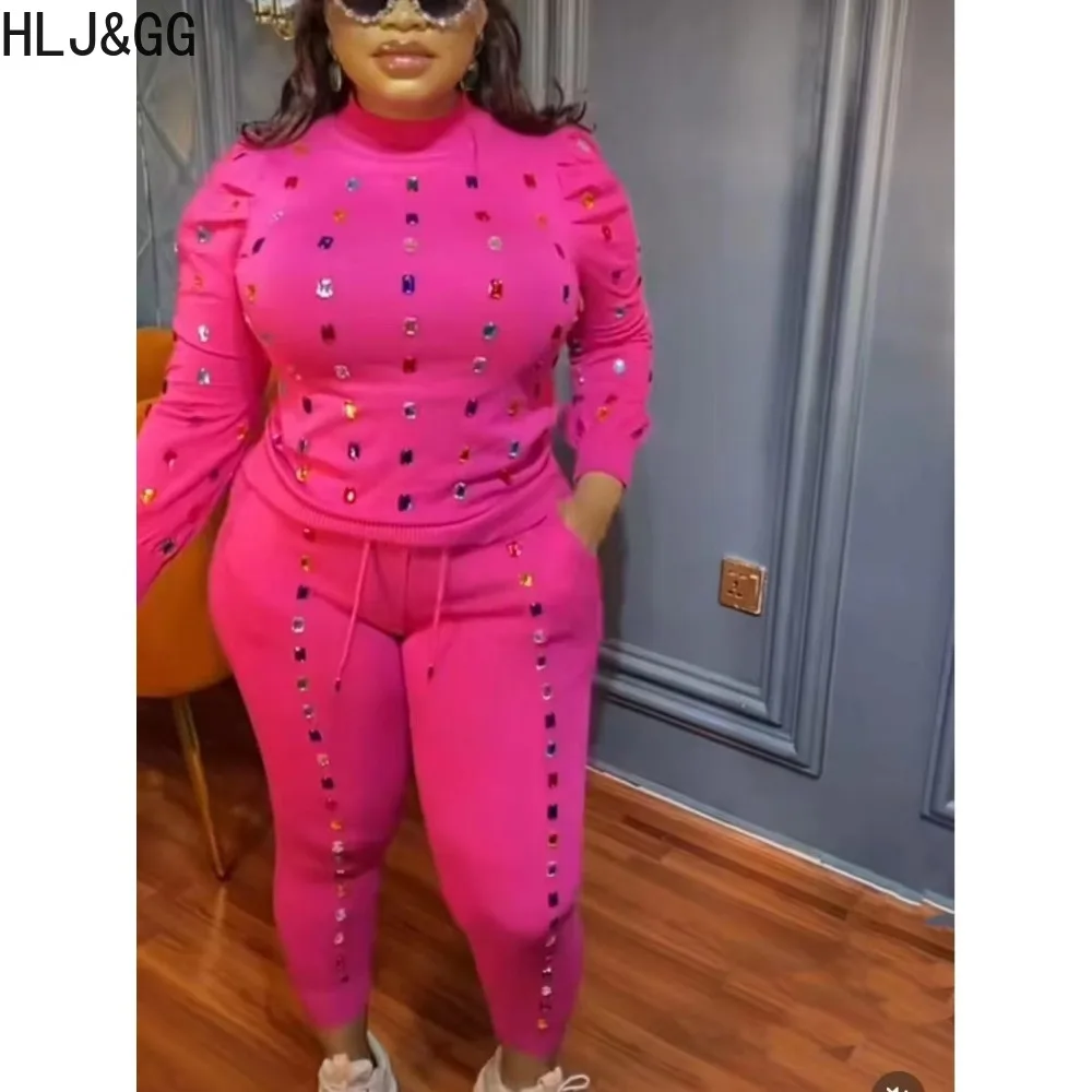 

HLJ&GG Fashion Rhinestones Solid Two Piece Sets Women Round Neck Long Sleeve Top And Jogger Pants Outfits Female 2pcs Tracksuits