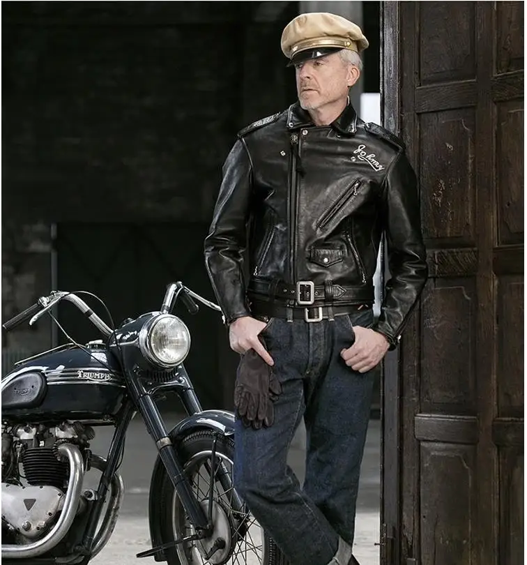Men Leather Jacket YR!.Classic 613 Motor Rider Style Genuine Leather Jacket Men Tanned Goatskin Coat