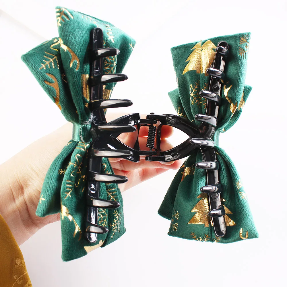 1PC Christmas Bow Hair Claw Velvet With Gold Foil Xmas Patterns, Festive Holiday Party Hair Accessory For Women & Girls