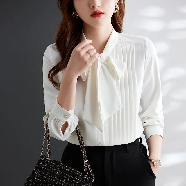 Woman Spring Autumn Style Blouses Shirts Lady Casual Long Sleeve Bow Tie Collar Solid Color Blusas Tops G2650 2