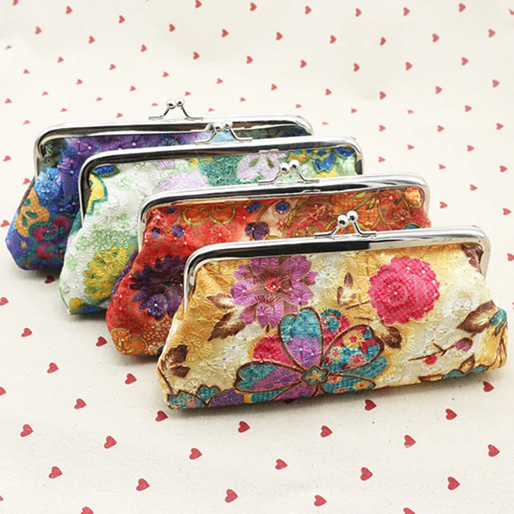 Women Wallet Vintage Flower Kiss Lock Long Coin Purse Phones Keys Holder Gift