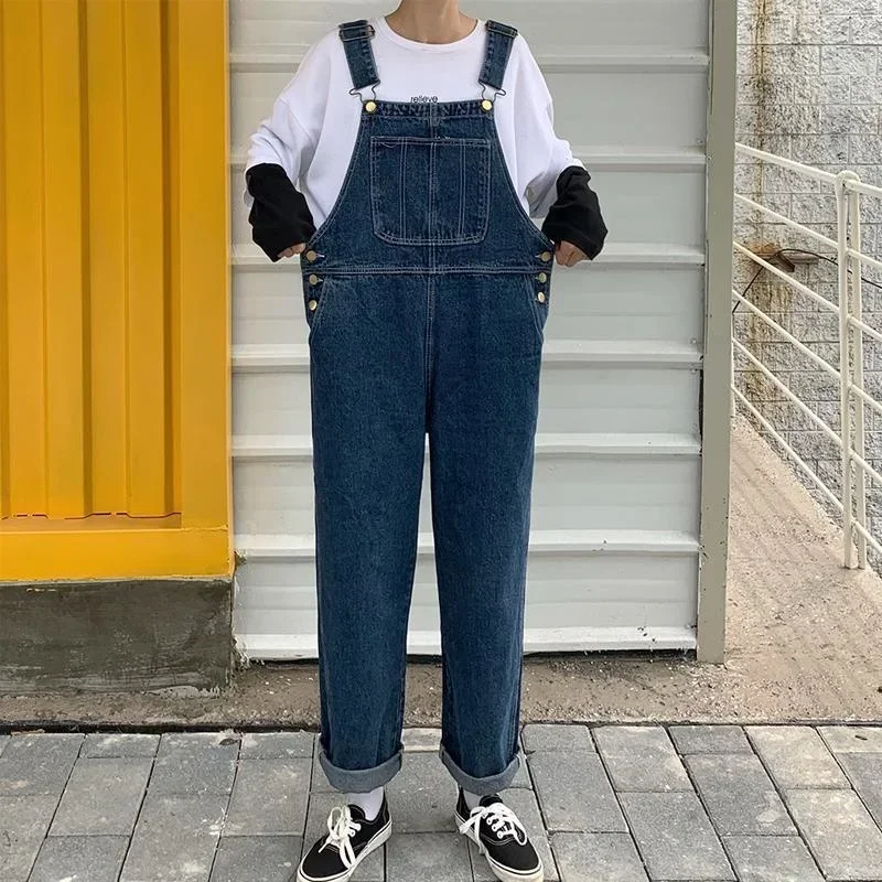 한국어 느슨한 데님 오버올 여성 봄 가을 스트레이트 와이드 레그 청바지 빈티지 멜빵 Maxi Baggy Jumpsuits 남성 여성 S-5XL