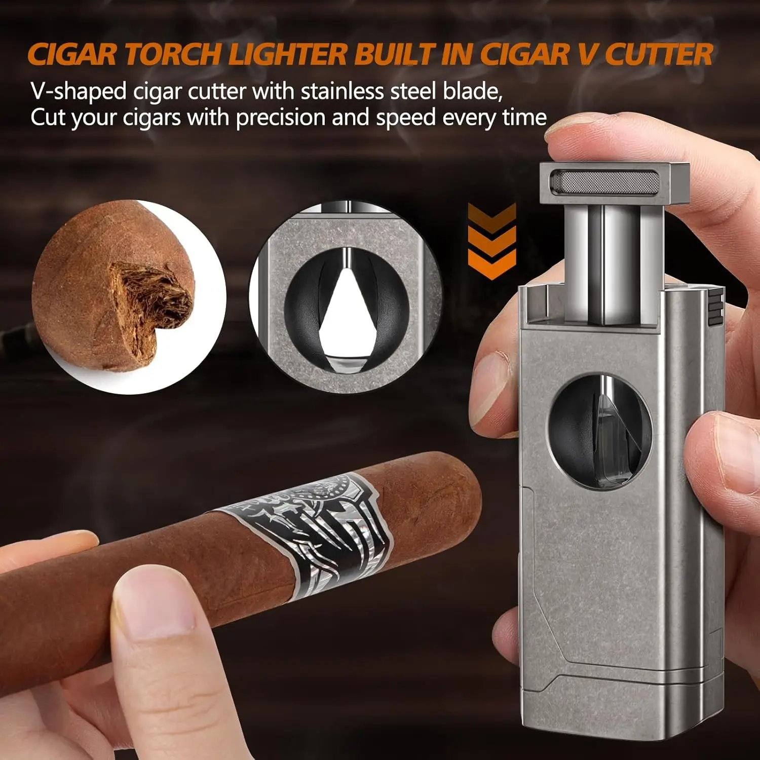 Scotte Cigar Lighter 4 Jet Flame,Refillable Butane Lighter with Cigar Cutter V Cut Cigar Punch Cigar Holder Cigar Draw Enhancer 3