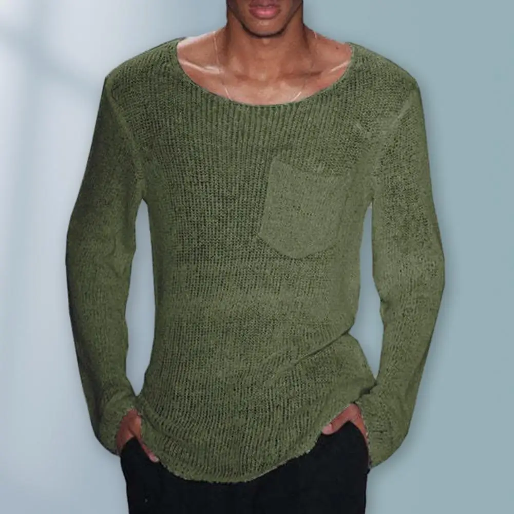

Men O-Neck Long Sleeve Knitting Sweater Solid Color Hollow Out Casual Pullover Sweater Thin Style Loose Fit Knitwear