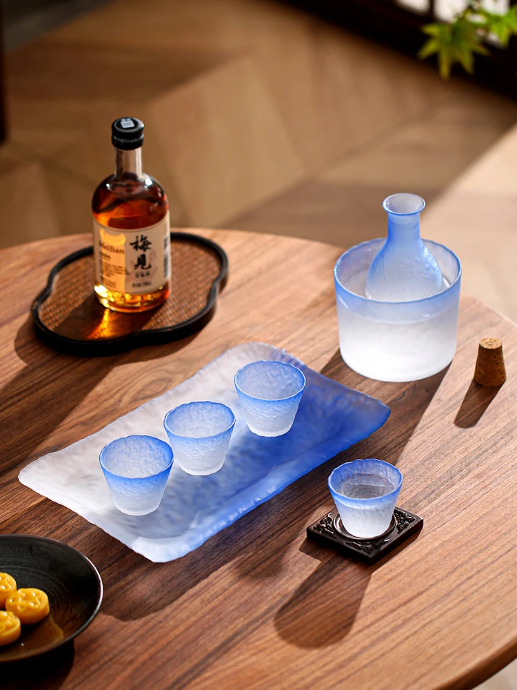 Japanese Blue Sake Wine Glass Set, Wine Pot, Tea Cup, Household Drinking Glasses, Fruit Shot Glass, Dispenser