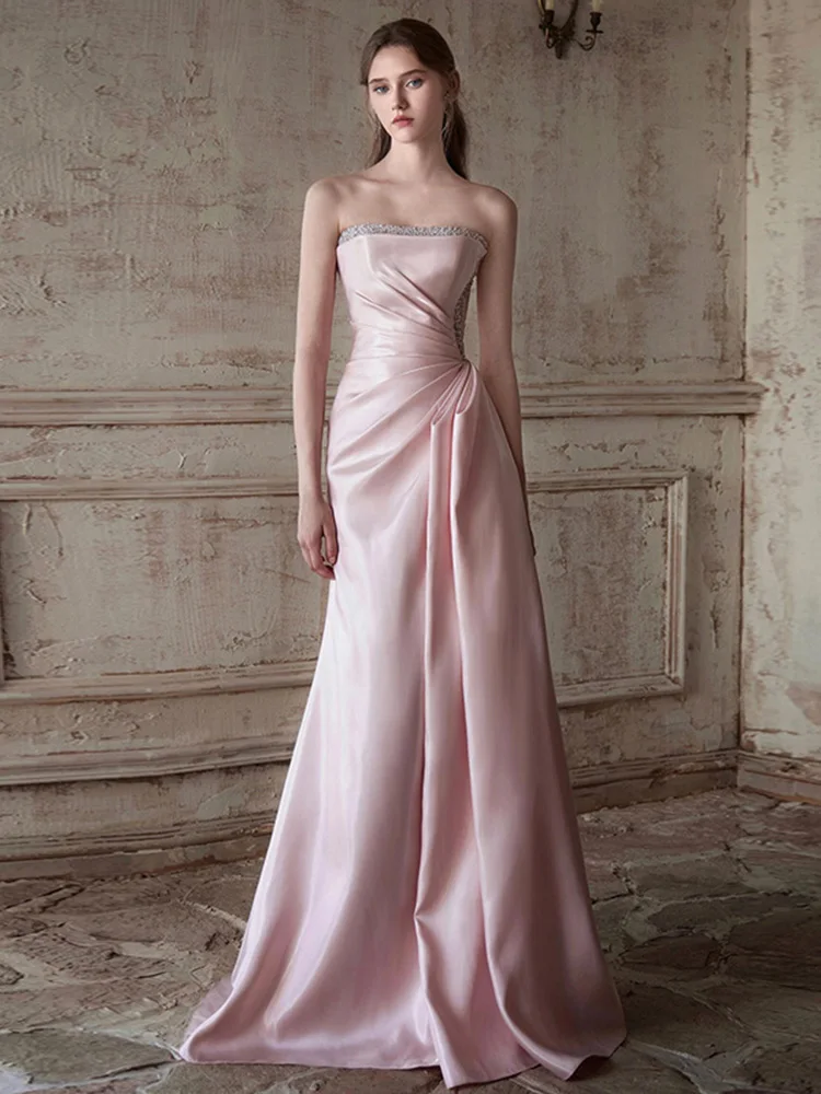Elegant Pink Strapless Long Evening Gown for Women Wedding Engagement Party Celebration Sweetheart Ball Gown with Beads