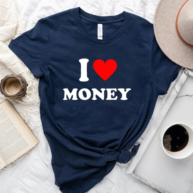 

Женская футболка с рисунком в виде надписи «I Love Money»