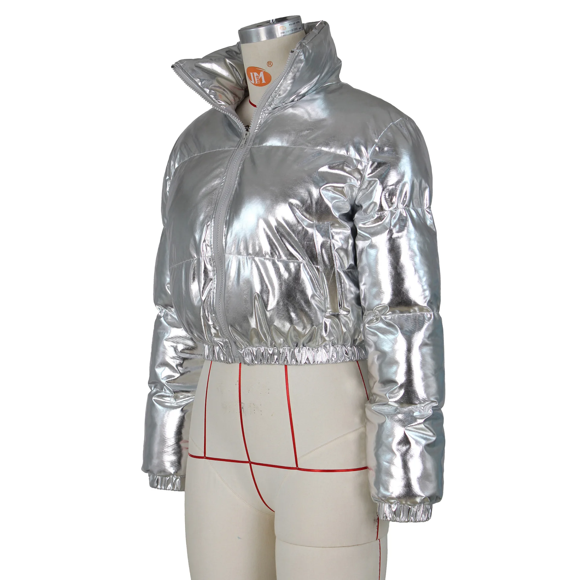 ANJAMANOR Silver Glossy Puffer Jacket Zip Up Shiny Bubble Coat Streetwear Women Clothing Winter Baddie Clothes D48-FH59