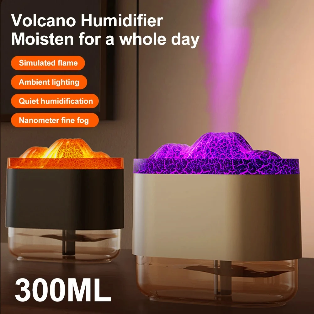 300Ml Volcano Air Humidifier USB Powered Mini Air Freshener Aroma Diffuser with LED Light 2 Modes Colorful Flame Desktop Mister