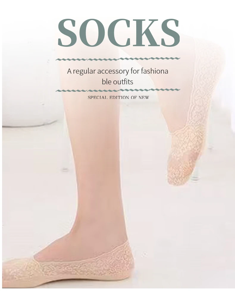Description Picture 2 of item5 Pairs of WOMEN'S Spring/summer Sweat Absorbing Deep Necked Silicone Anti Slip Thin Cherry Blossom Lace Boat Socks