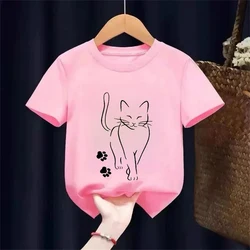 Kawaii Kitten Summer Kids T - Shirt - Cute Cartoon Cat Short Sleeve Tee - 130 (Pink)