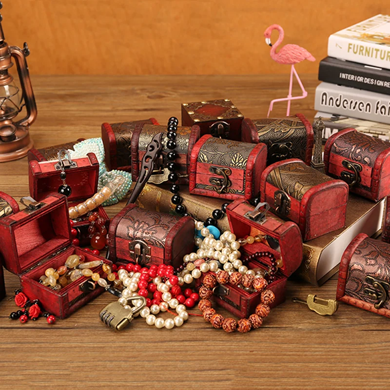 2 Scatoline Tesoro Legno Vintage - Mini Cofanetti Per Gioielli, Design Mappa E Uva, Rosso E Bianco - Foto 8