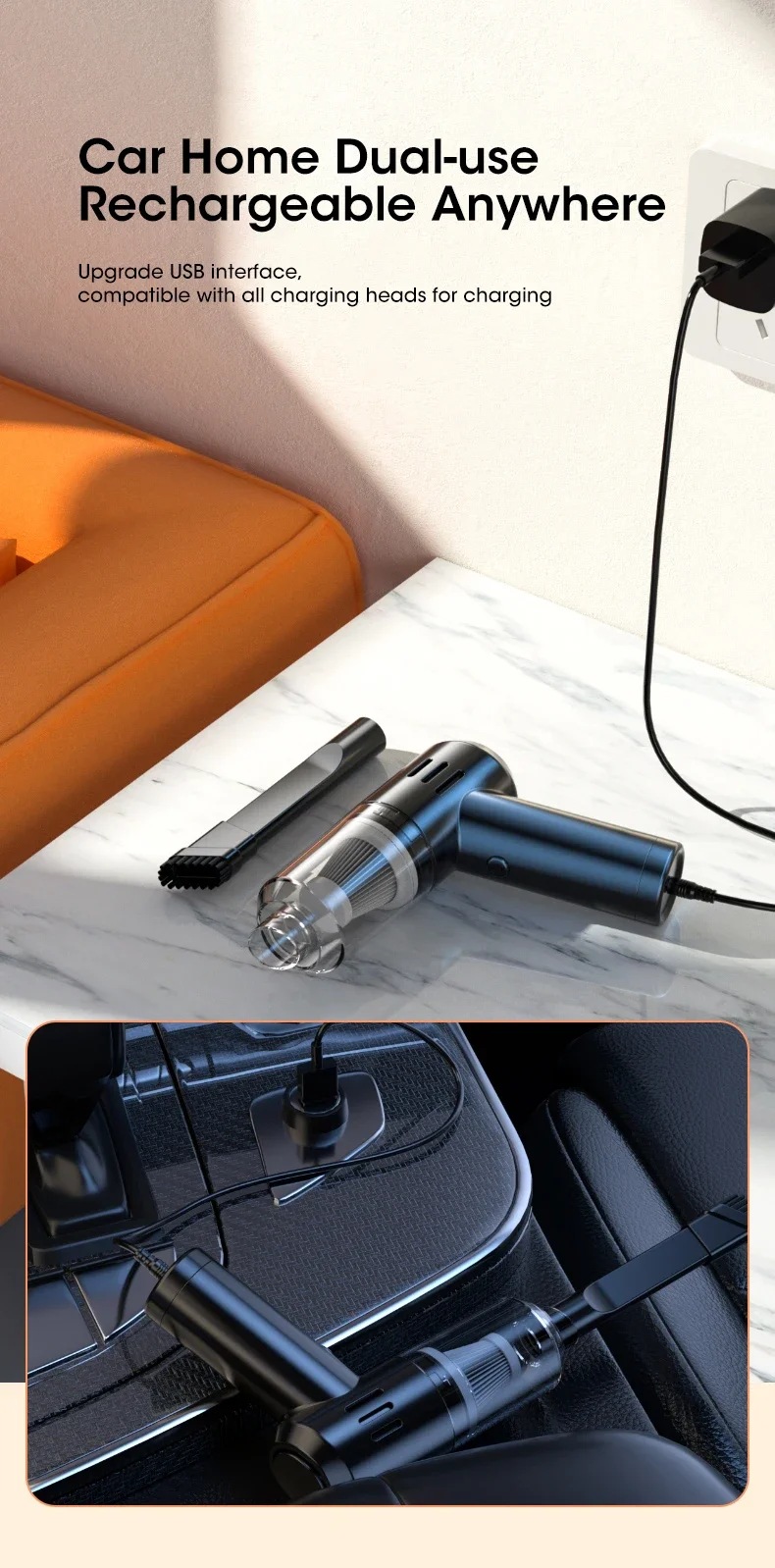 Description Picture 3 of itemCordless Vacuum Cleaner Handheld Home Portable High-Power Vacuum Cleaner Powerful Hair Cleaning Mini USB Dual Use for Home &Car
