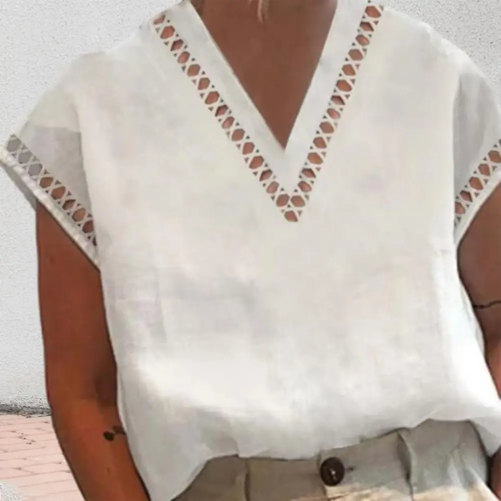 

Women Summer T-shirt Hollow Out V-neck Short Sleeves Solid Color Vintage Daily Wear Soft Plus Size Women Summer Top