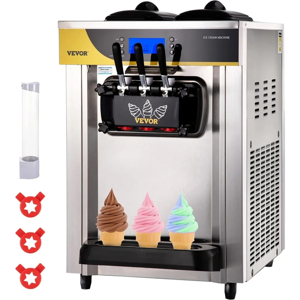 

Commercial Ice Cream Maker, 22-30L/H Yield, 2200W Countertop Soft Serve Machine w/ 2x6L Hopper 2L Cylinder LCD Panel Puffing