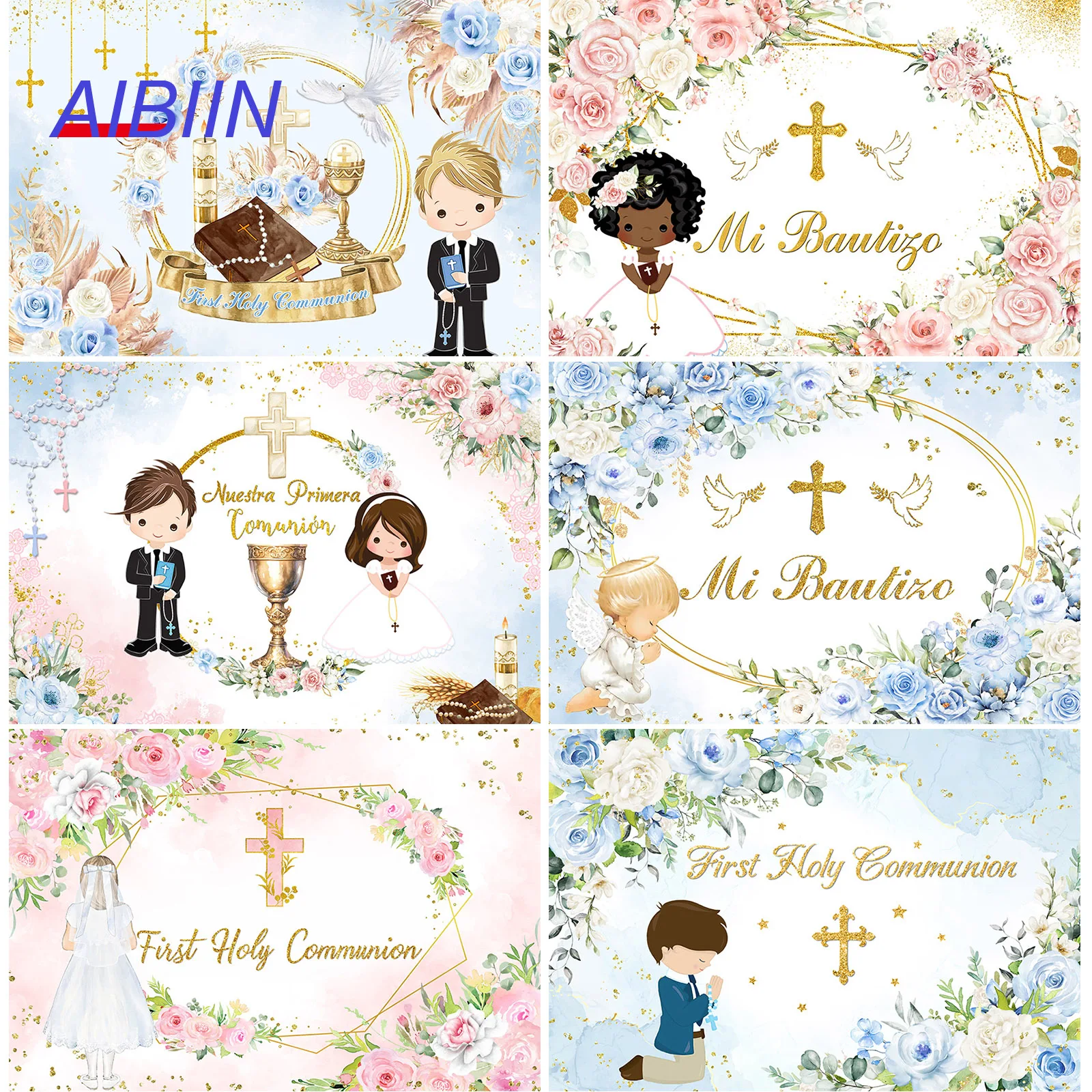 

Kids Baptism Photography Background Gold Cross Flower Peace Dove First Holy Communion Christening Backdrop Party Decoration