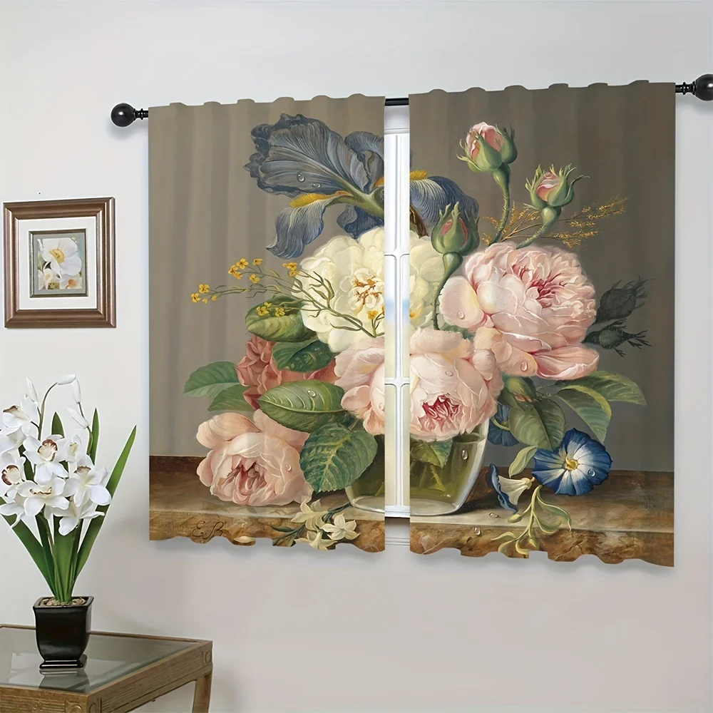 

2panels Oil Painting Vase Pink Flowers Curtains Blue Cashew Flowers Rod Pocket Curtains For Living Room, Bedroom Hotel Bathroom