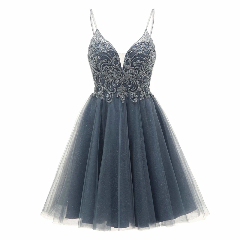 

Dusty Blue Short Homecoming Dresses with Beaded Lace Appliques Robe De Soiree