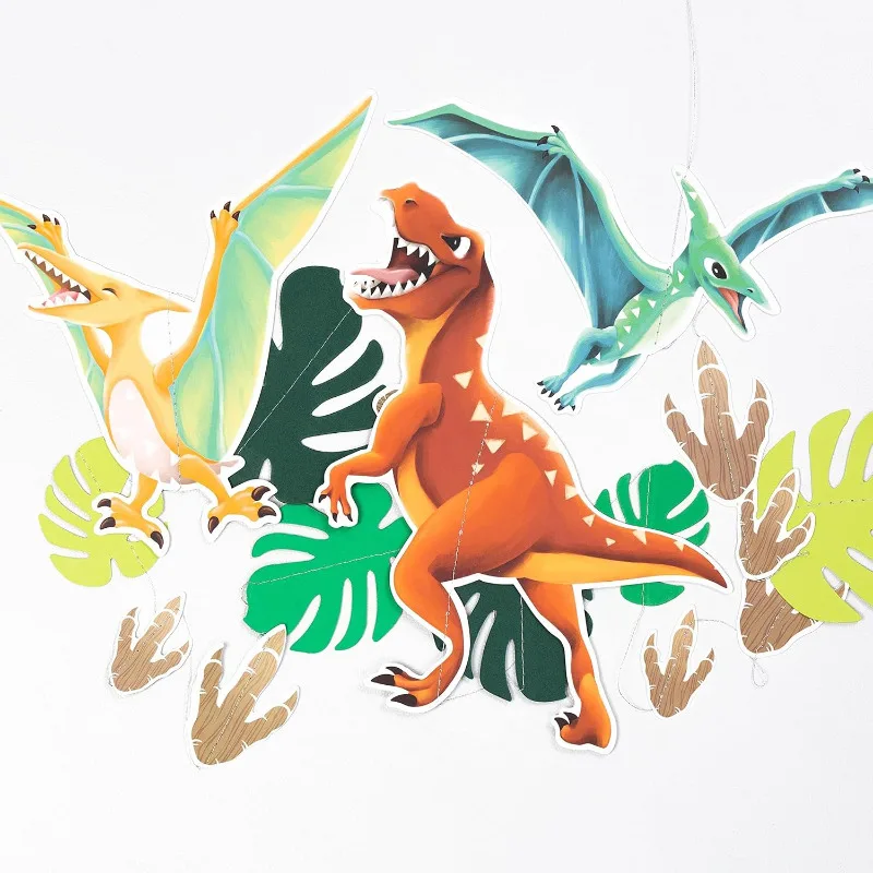 6 pcs Colorful Dinosaur Garland with Monstera Leaves Dinosaur Foot Print for Birthday Jurassic Theme Party Decoration