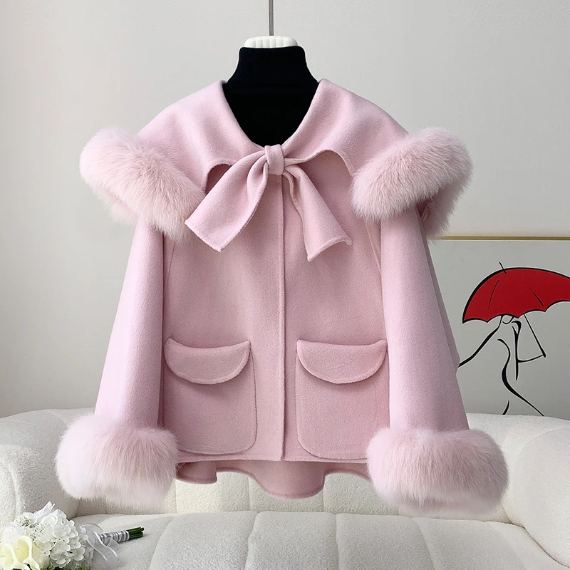 Veste courte en laine Double face pour femme, avec nœud, peluche épaisse, automne et hiver 2024