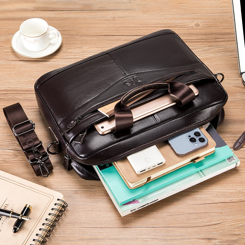 Cowhide computer bag 14 inch large capacity genuine leather men's briefcase retro top layer cowhide file bag