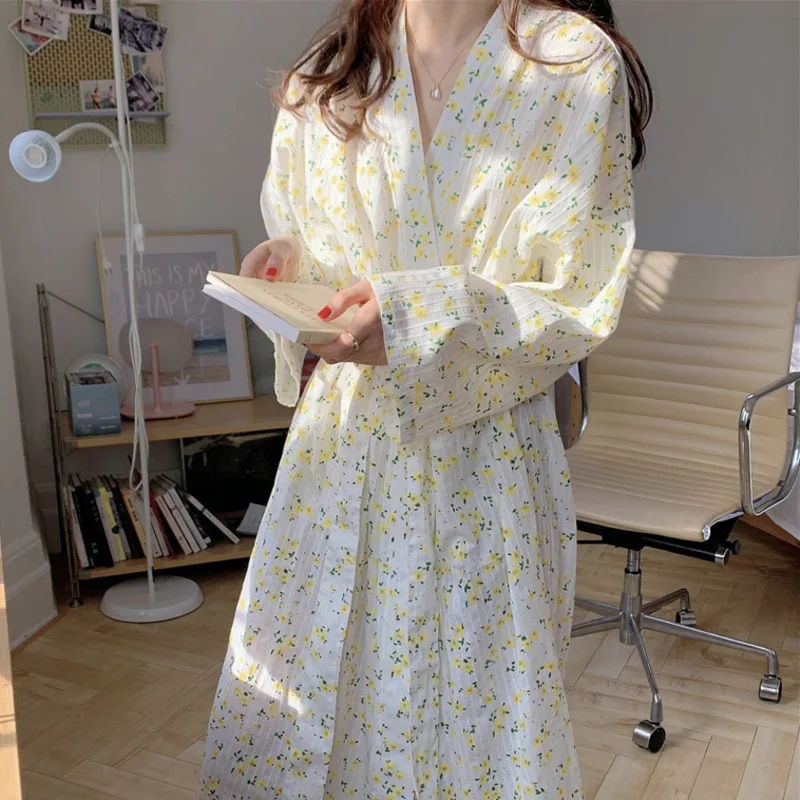 

New Robes for Women Cotton Floral Print Long Sleeve Shower Bathrobe Sleepwear Sweet Night Dressing Gown Home Wear Nightwear Robe