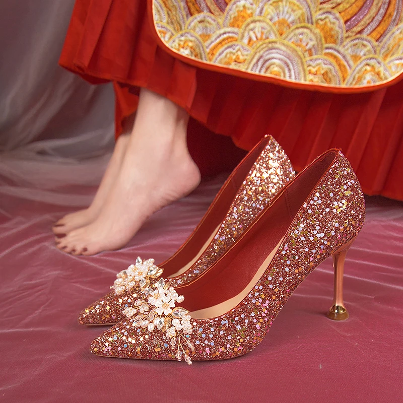 

2023 New Fashion Pearl Flowers Bridal Shoes - Women's Sexy Pointed Toe High Heels Pumps with Bling Shiny Thin Heels for Parties