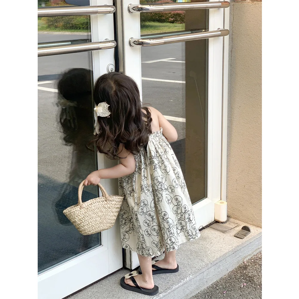 

2023 Summer New Cute Princess Kids Large Swing Skirt Loose Vintage Printing Slip Dresses Girls Clothes Teenager Braces Skirt