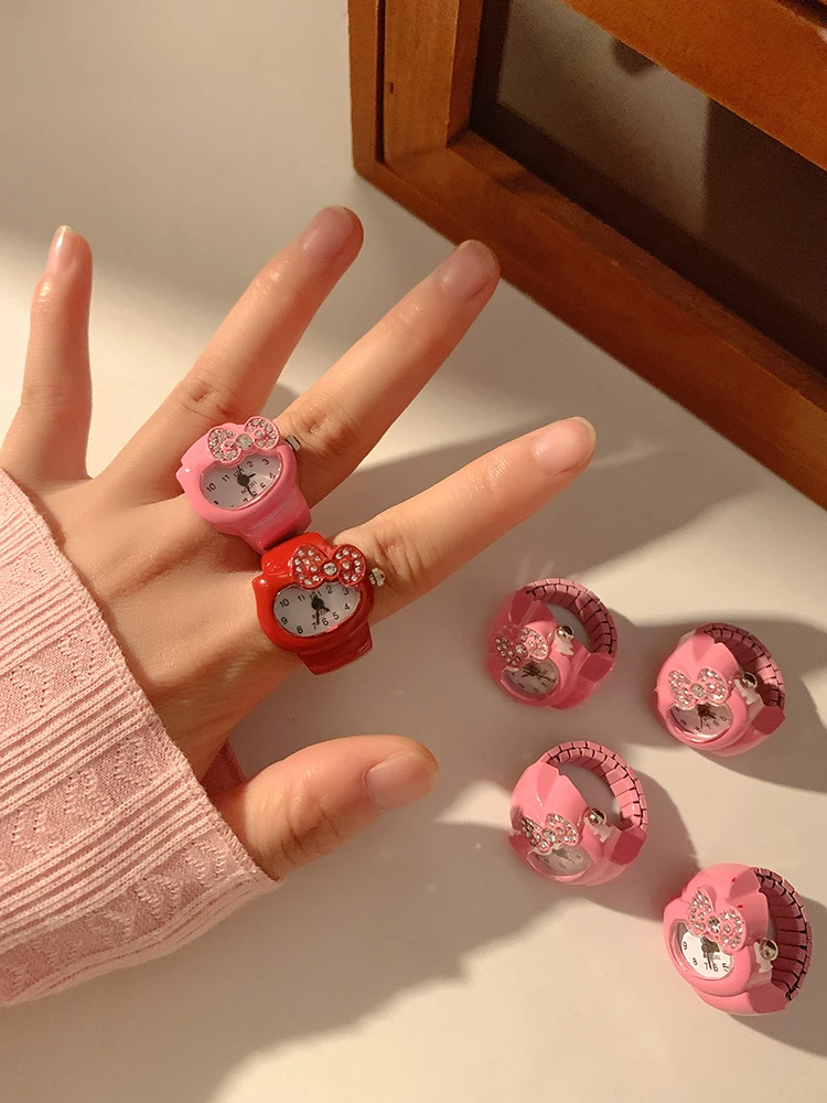 

Sanrio New Ring Watch Hello Kitty Cartoon Genuine Quartz Diamond Simple All-Match Ring Couple Trendy Girls Couple Jewelry Gift