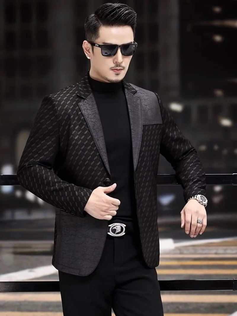 Description Picture 4 of itemNew Spring Autumn Mens Genuine Leather Sheepskin Coat Single Breasted Business Casual Office Men Slim Fit Suit Jacket Size 5XL