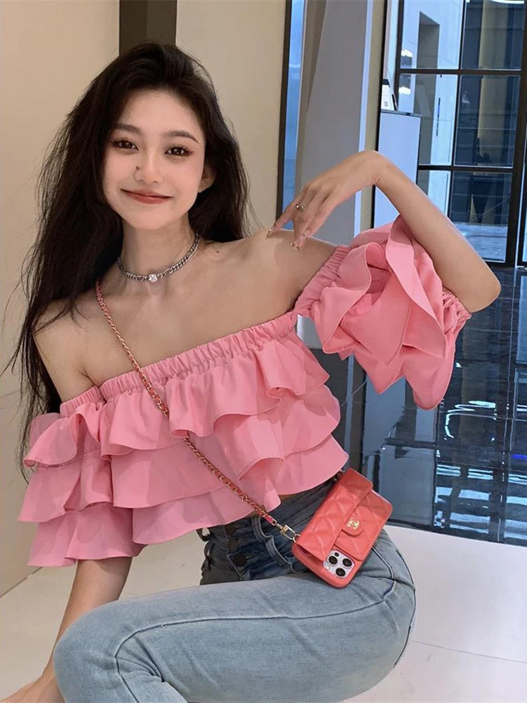 Korean Off Shoulder Fashion Woman Blouse Stacked Ruffles
