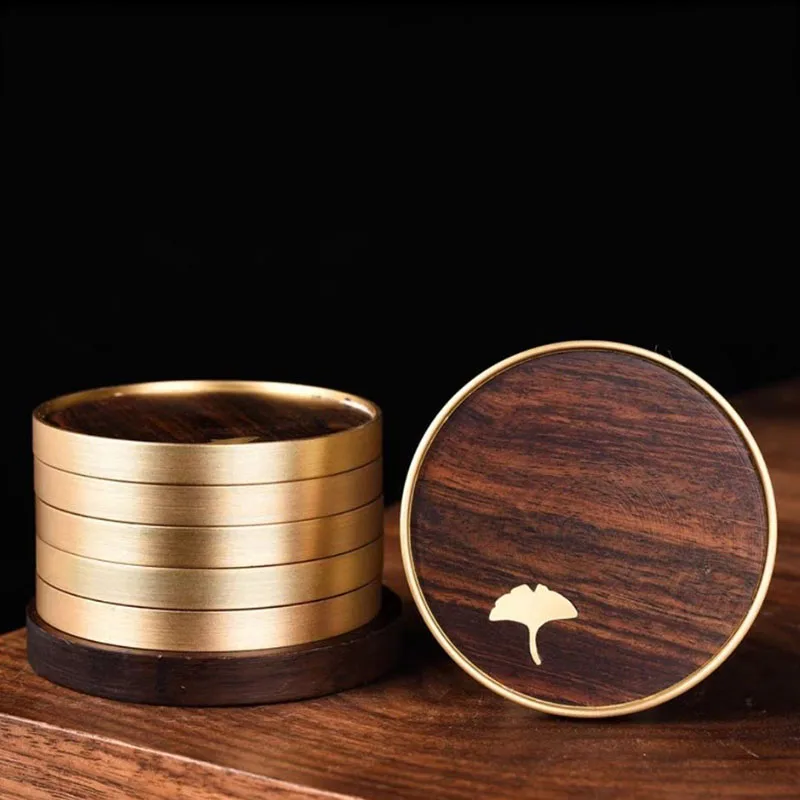 

Ebony Wood Coasters Set, Round Cup, Tea Mat, Heat Resistant, Drink, Coffee, Office, Home Table Pad with Copper, Non-slip Decor