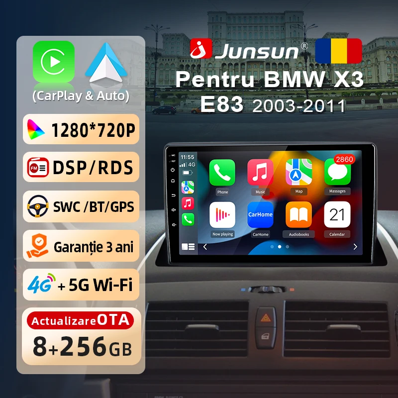 Radio para Auto Junsun de 9 Pulgadas con Android 15 para BMW X3 E83 2003-2012, CarPlay Inalámbrico, Android Auto, Ventilador Integrado, 4G LTE, WiFi, GPS, BT, FM, AM, DSP, RDS, SWC, Pantalla Táctil IPS, Cámara 360 Opcional DVR 2000*1200P, Envío Gratis 1