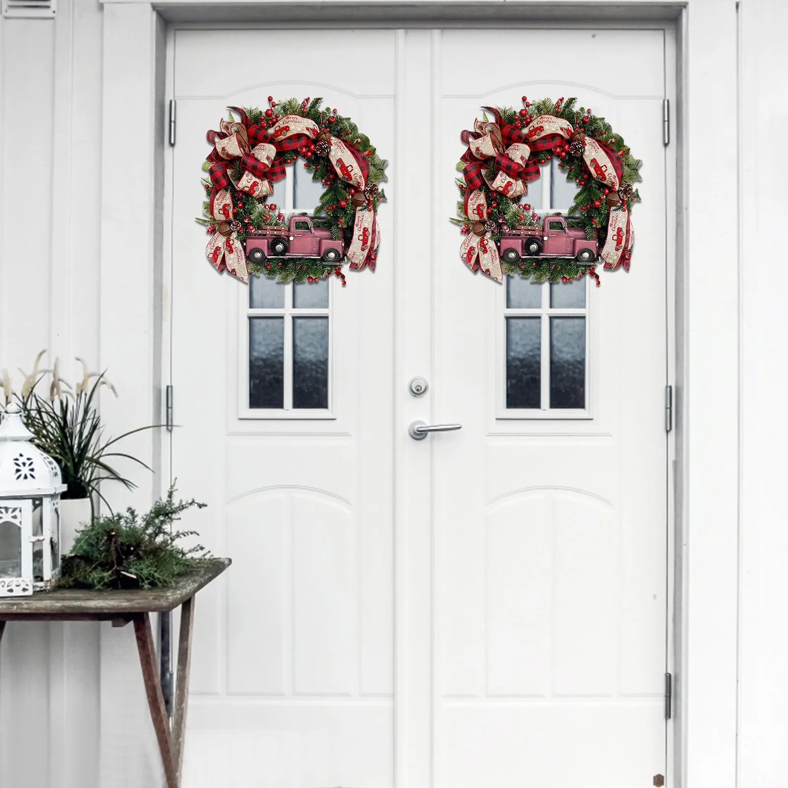 Red Truck Christmas WreathFront Door Of The Garland Decorated With Christmas Decoration Ornaments Printing Holiday Ornaments