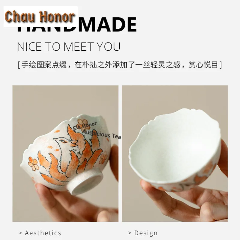 95ml Pure Hand-drawn Nine-tailed Fox Teacup Vintage Tea Bowl Cute Cup Tea-tasting Smelling Cup Jianzhan Master Cups Drinkware