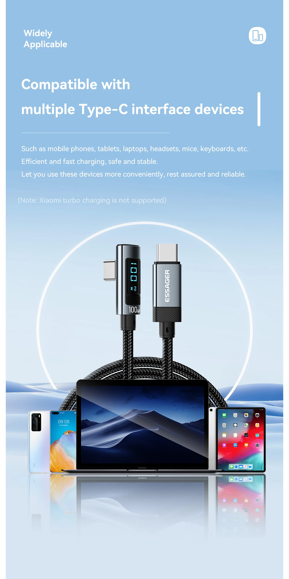 PD100W USB Type C to USB C Cable 5A Fast Charging Cable 90 ° LED Digital Display