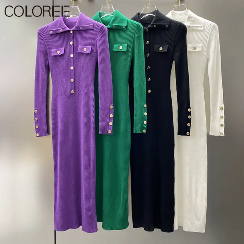 

High Quality Runway Designers Dress Women 2023 Autumn Luxury Gold Buttons Long Sleeve Knitted Dress Vestidos De Mujer Casual