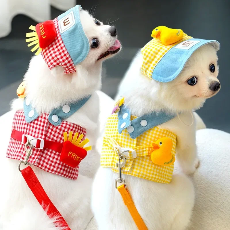 1/Set Fries Pet Harness Traction Rope Pet Wire Rope Pulling Cute Hat Three Piece Puppy Clothes Outgoing Pulling Harness Leash pet harness set pet harness leash set pet leash set